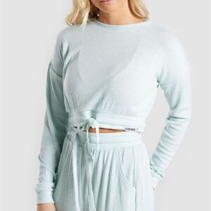 Gymshark Mint Green Ribbed Drawstring Cropped Long Sleeve Shirt Pullover Medium